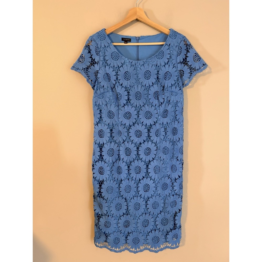 Talbots Lace Sheath Dress Women 8 Blue Excellent Floral Crochet Short Sleeve